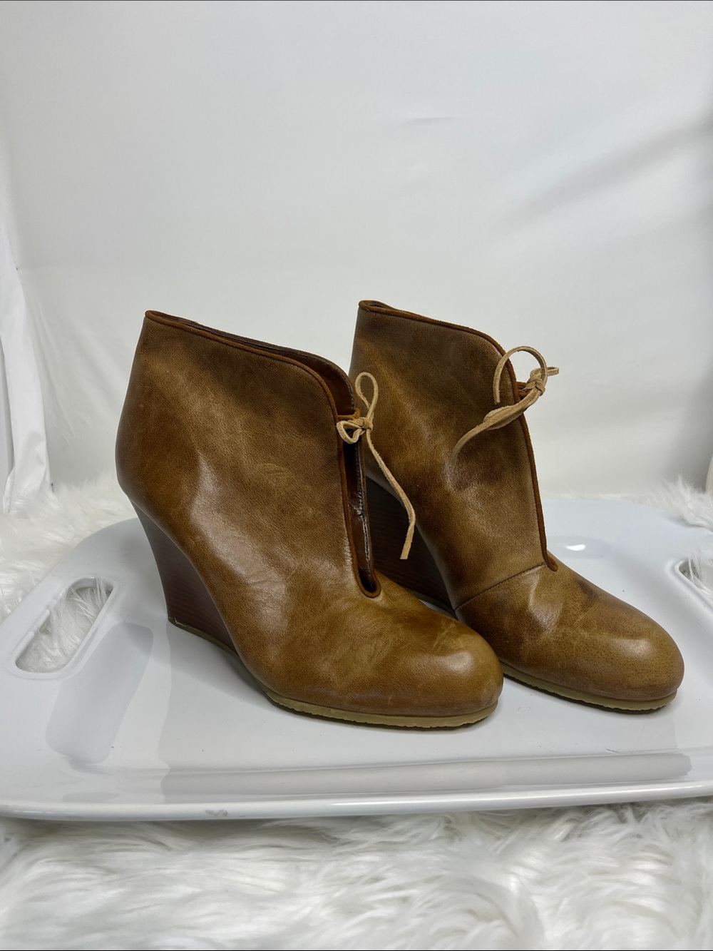 Women's Tan Wedge Ankle Boots with Tie Detail